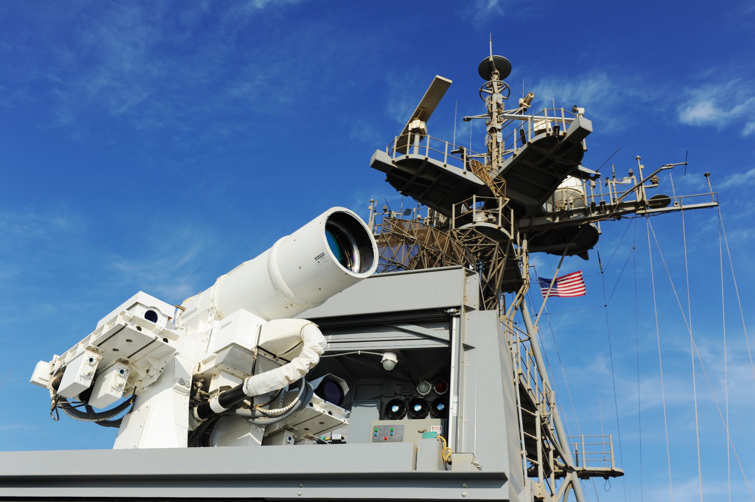 141116-N-PO203-042 ARABIAN GULF (Nov. 16, 2014) The Afloat Forward Staging Base (Interim) USS Ponce (ASB(I) 15) conducts an operational demonstration of the Office of Naval Research (ONR)-sponsored Laser Weapon System (LaWS) while deployed to the Arabian Gulf. (U.S. Navy photo by John F. Williams/Released)