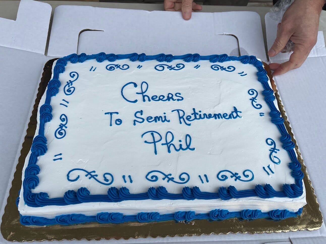 The cake at Phil's semiretirement.