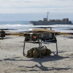 The Tactical Resupply Vehicle (TRV-150) conducts a ship-to-ship transfer of supplies near Camp Pendleton, Calif.